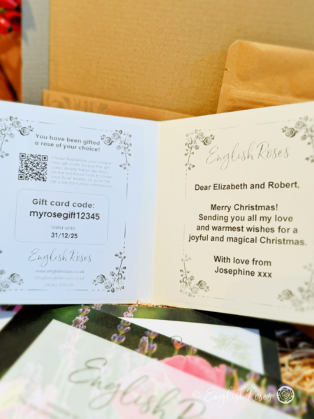 Inside the greetings card with a unique gift code to select a rose of their choice and a personal gift message.