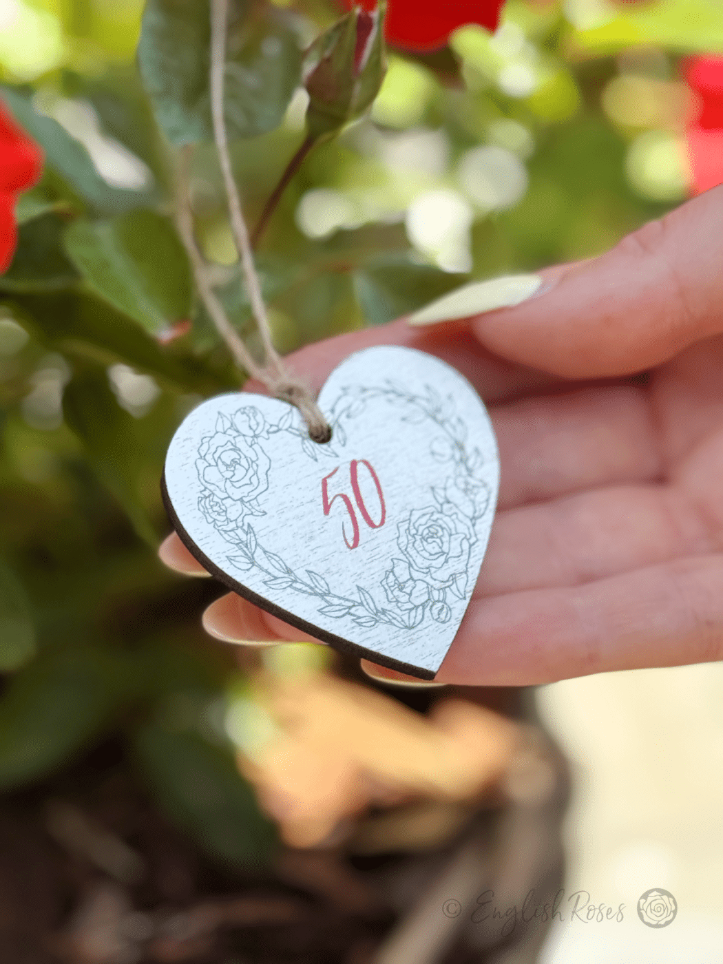 Small White hanging heart-shaped wooden gift tag keepsake saying '50' - Eco-friendly gift wrap from English Roses