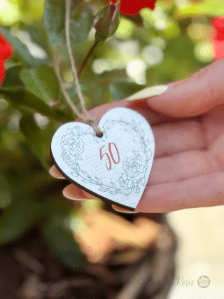 Small White hanging heart-shaped wooden gift tag keepsake saying '50' - Eco-friendly gift wrap from English Roses