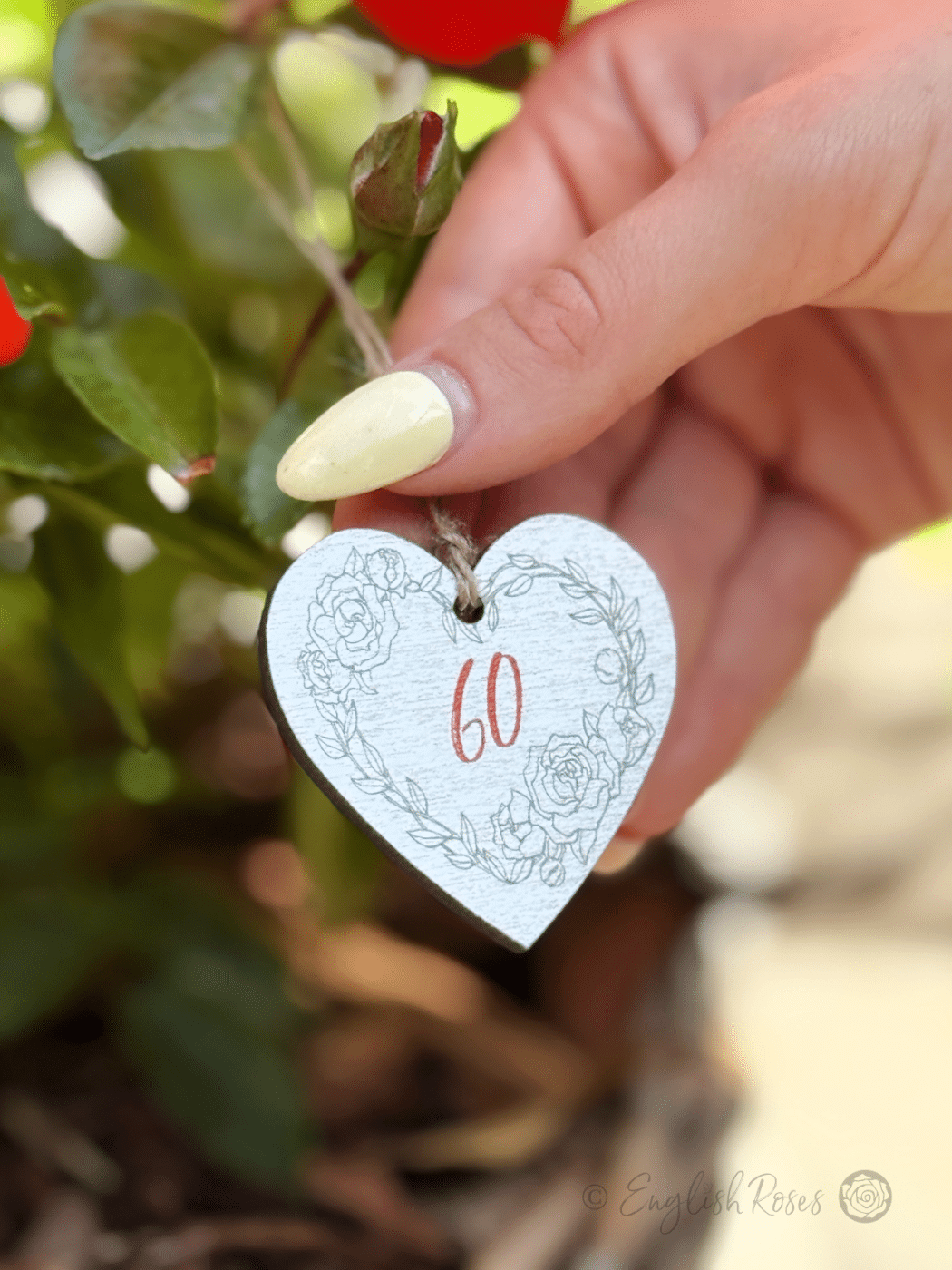 Small White hanging heart-shaped wooden gift tag keepsake saying '60' - Eco-friendly gift wrap from English Roses