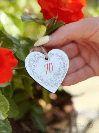 Small White hanging heart-shaped wooden gift tag keepsake saying '70' - Eco-friendly gift wrap from English Roses