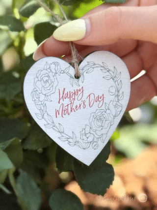 White hanging heart-shaped wooden gift tag keepsake saying 'Happy Mother's Day' - Eco-friendly gift wrap from English Roses