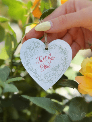 White hanging heart shaped wooden gift tag keepsake saying 'Just For You' - Eco-friendly gift wrap from English Roses