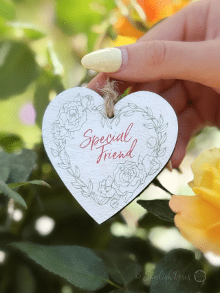 White hanging heart shaped wooden gift tag keepsake saying 'Special Friend' - Eco-friendly gift wrap from English Roses