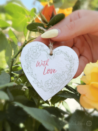 White Hanging heart shaped wooden gift tag keepsake saying 'With Love' - Eco-friendly gift wrap from English Roses