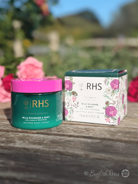 Body Cream - Wild Rhubarb and Mint RHS The Rewild Collection - The tub of cream next to the decorative packaging box