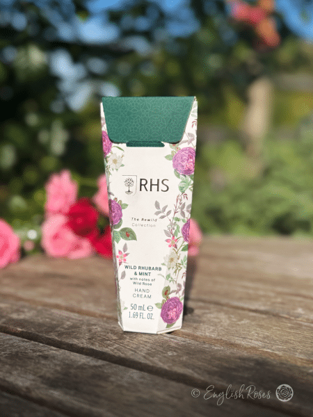 Hand Cream - Wild Rhubarb and Mint with notes of wild rose - RHS The Rewild Collection - Close up of the decorative box