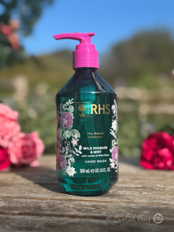 Hand Wash - Wild Rhubarb and Mint RHS The Rewild Collection - A beautiful green hand wash soap with decorative artwork.
