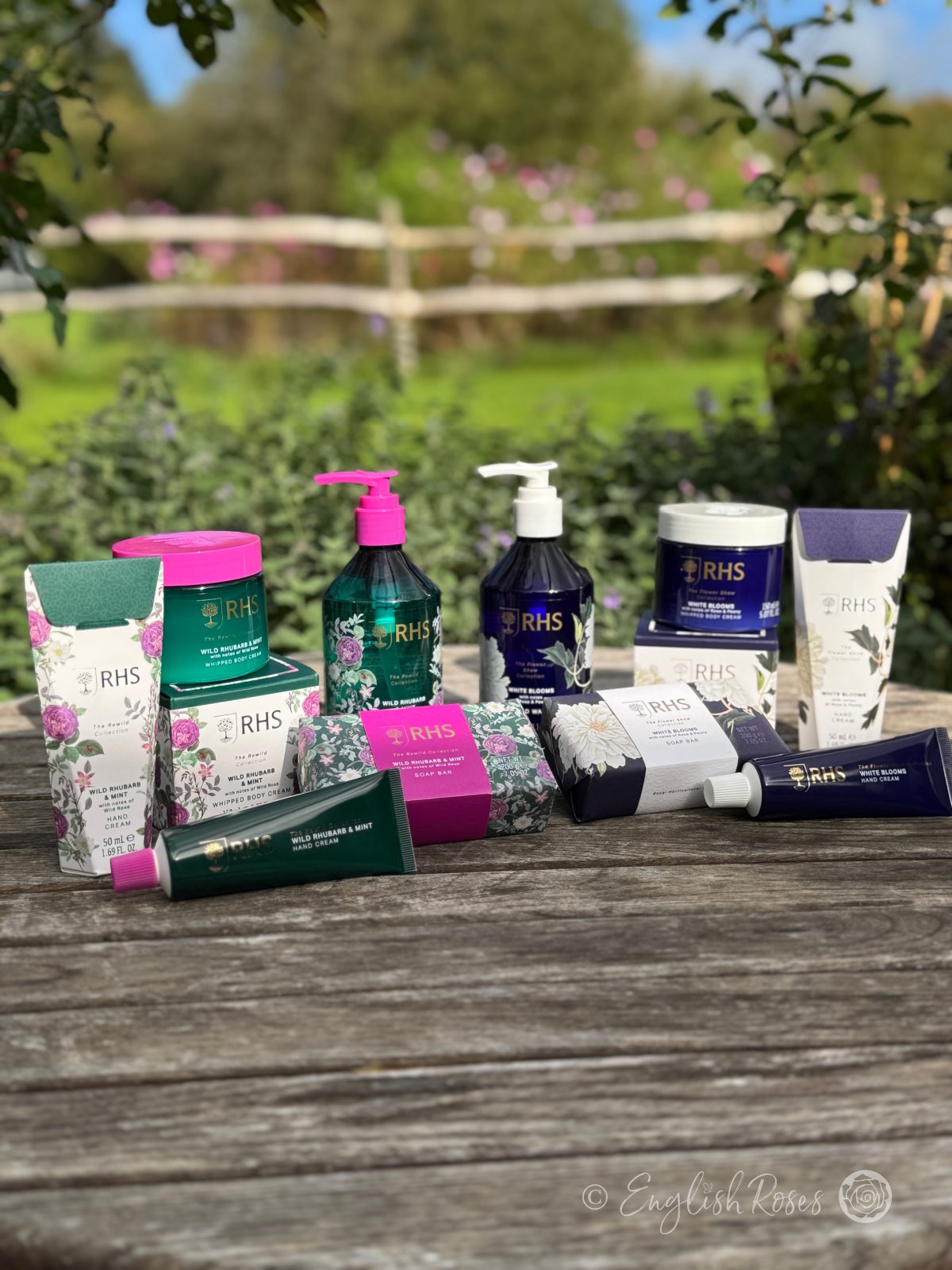 RHS Gardener's Skin Care Collections - Soap Bar, Hand Cream, Hand Wash and Body Cream available in The Rewild Collection (Wild Rhubarb and Mint with hints of wild rose) or The Flower Show Collection (White Blooms - Rose and Peony).