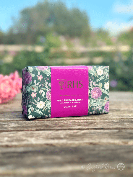 Soap Bar - Wild Rhubarb and Mint RHS The Rewild Collection - A beautifully decorated bar of soap in a sunny garden