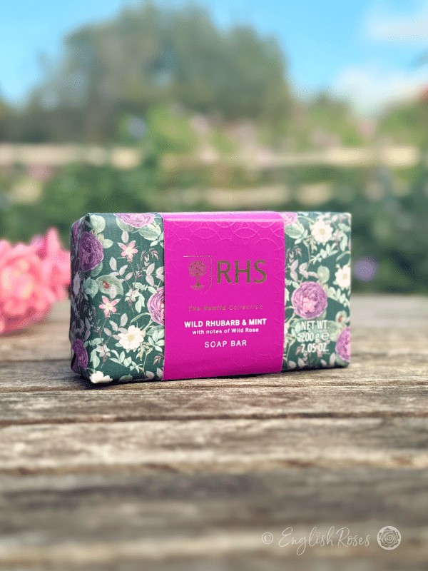 Soap Bar - Wild Rhubarb and Mint RHS The Rewild Collection - A beautifully decorated bar of soap in a sunny garden