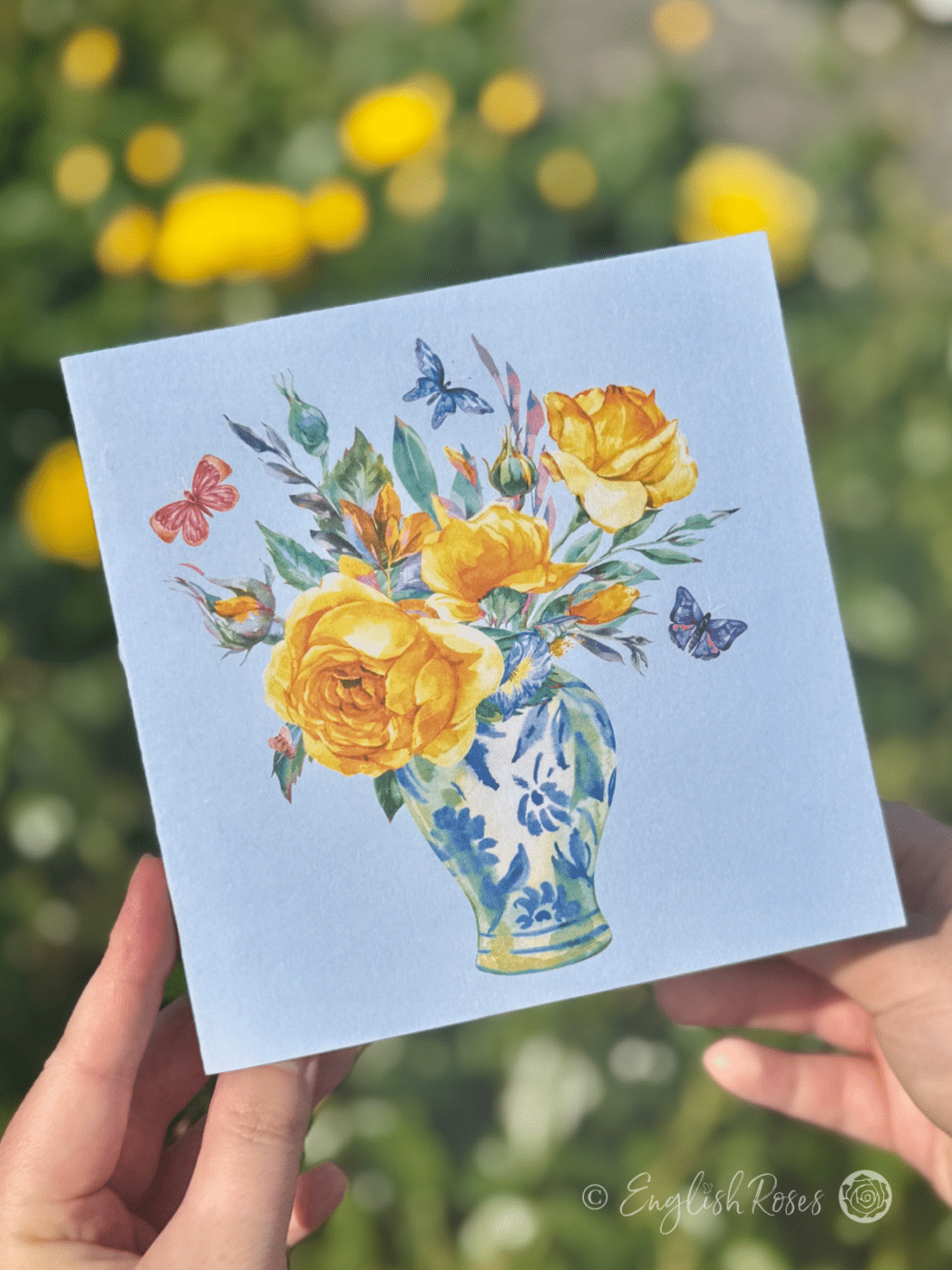 English Roses Watercolour Greetings Card Yellow Roses in Blue Vase