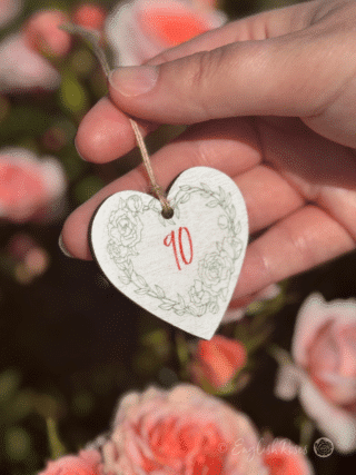 Small White hanging heart-shaped wooden gift tag keepsake saying '90' - Eco-friendly gift wrap from English Roses