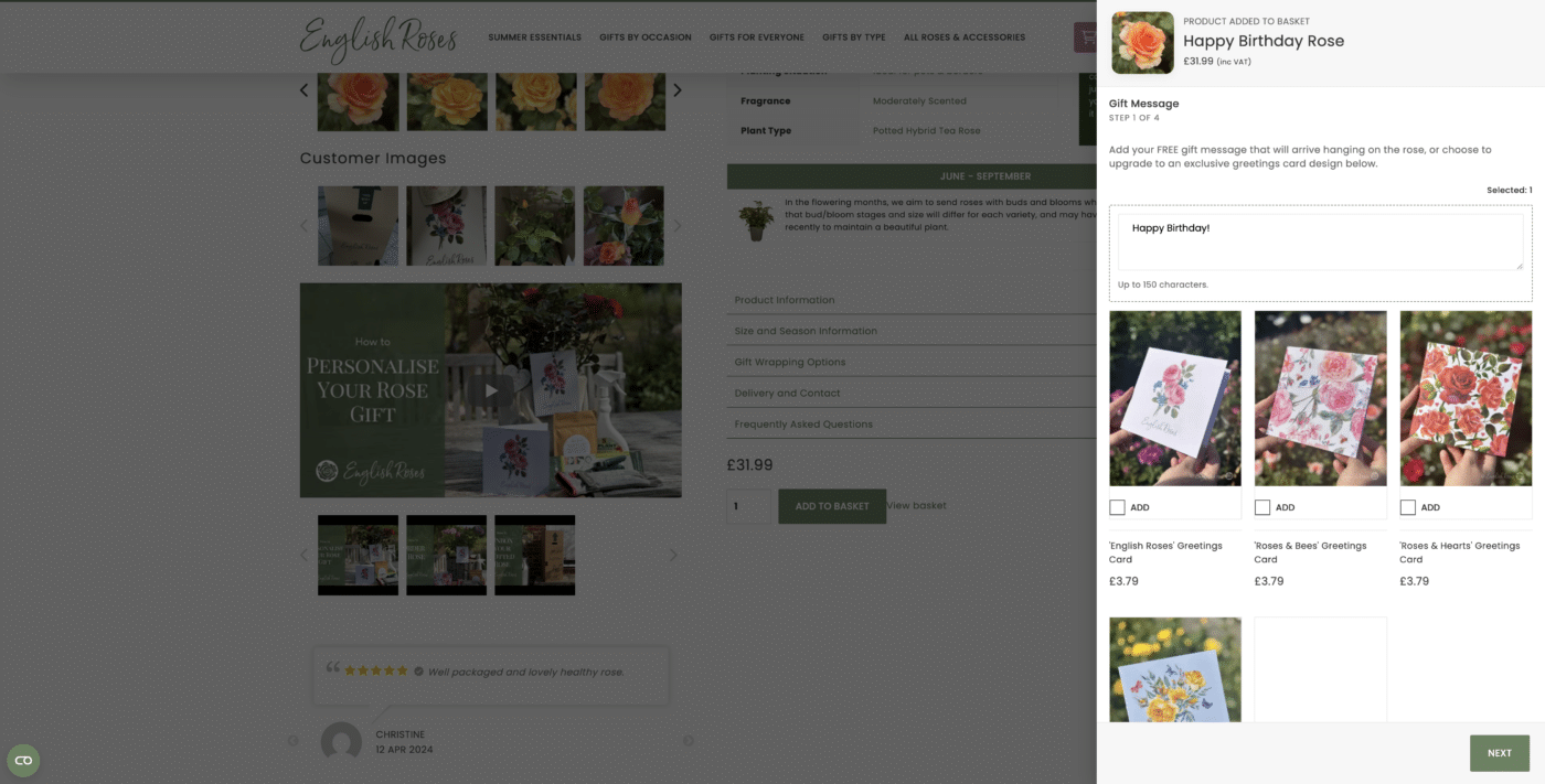 Add-on menu with free gift message